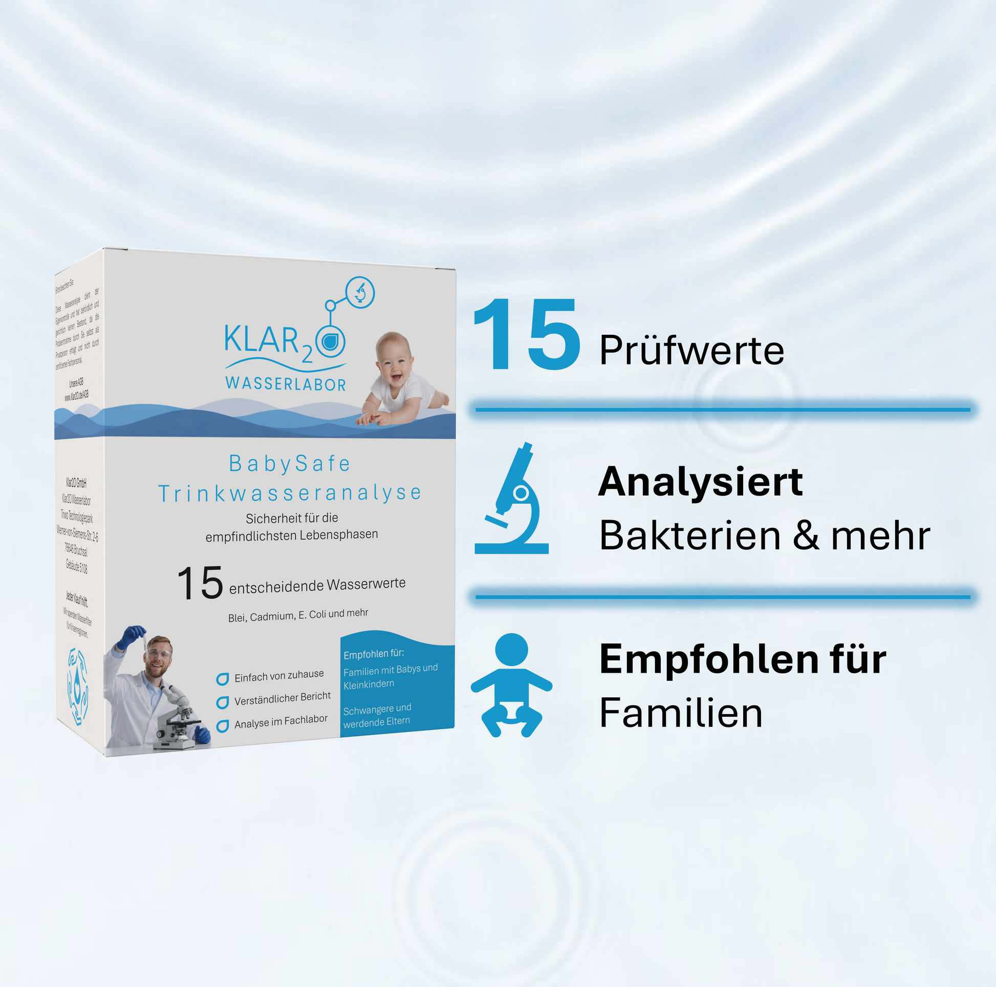 Klar2O BabySafe Trinkwasseranalyse-Testkit mit 15 Prüfwerten zur Laborprüfung von Bakterien und weiteren Wasserwerten, empfohlen für Familien.