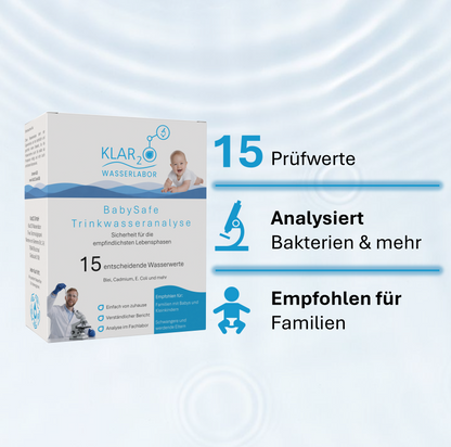 Klar2O BabySafe Trinkwasseranalyse-Testkit mit 15 Prüfwerten zur Laborprüfung von Bakterien und weiteren Wasserwerten, empfohlen für Familien.