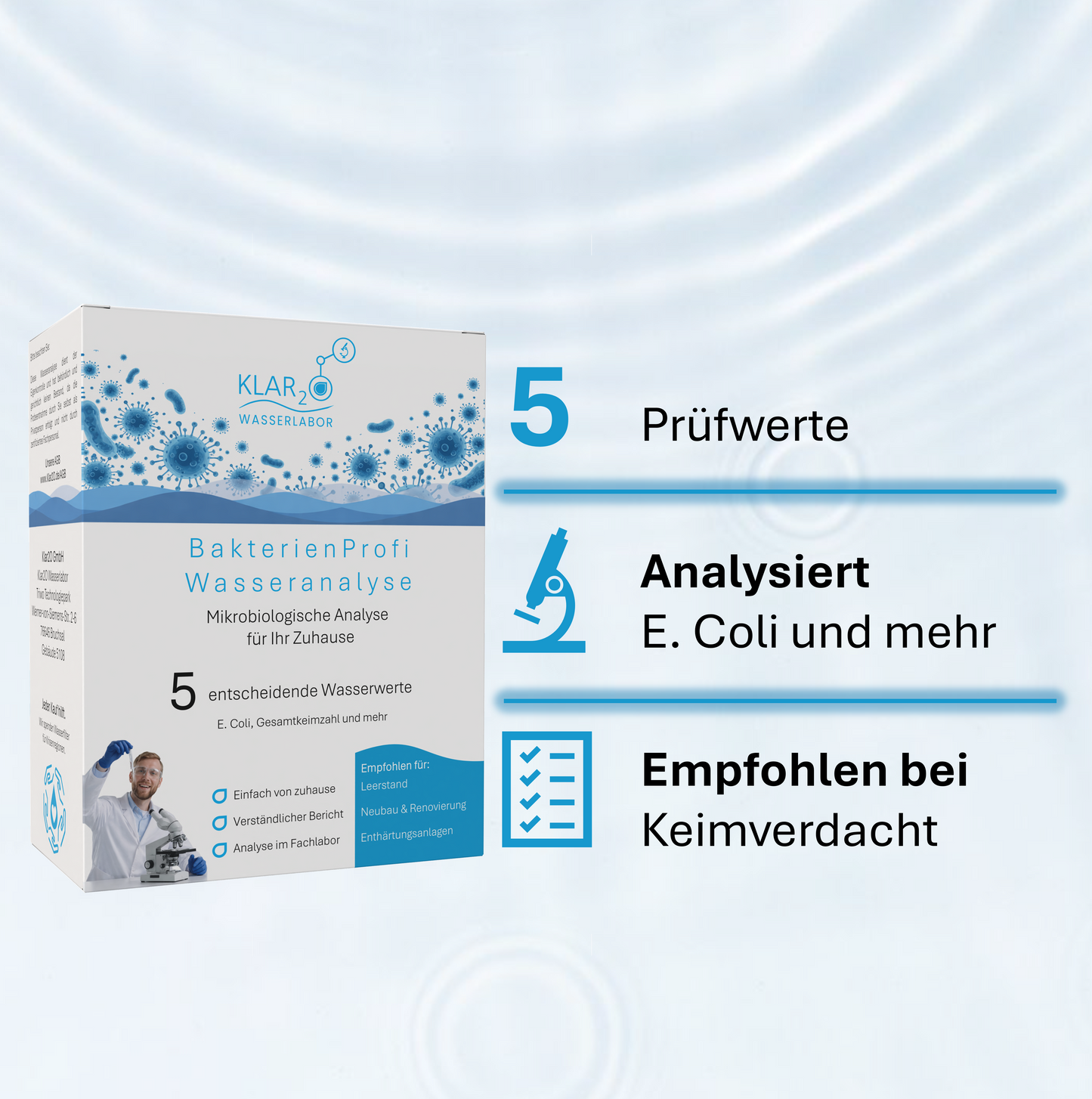 Klar2O Bakterienprofil-Wasseranalyse für Trinkwasser mit 5 Prüfwerten, Laborprüfung auf E. coli und weitere Keime bei Keimverdacht.