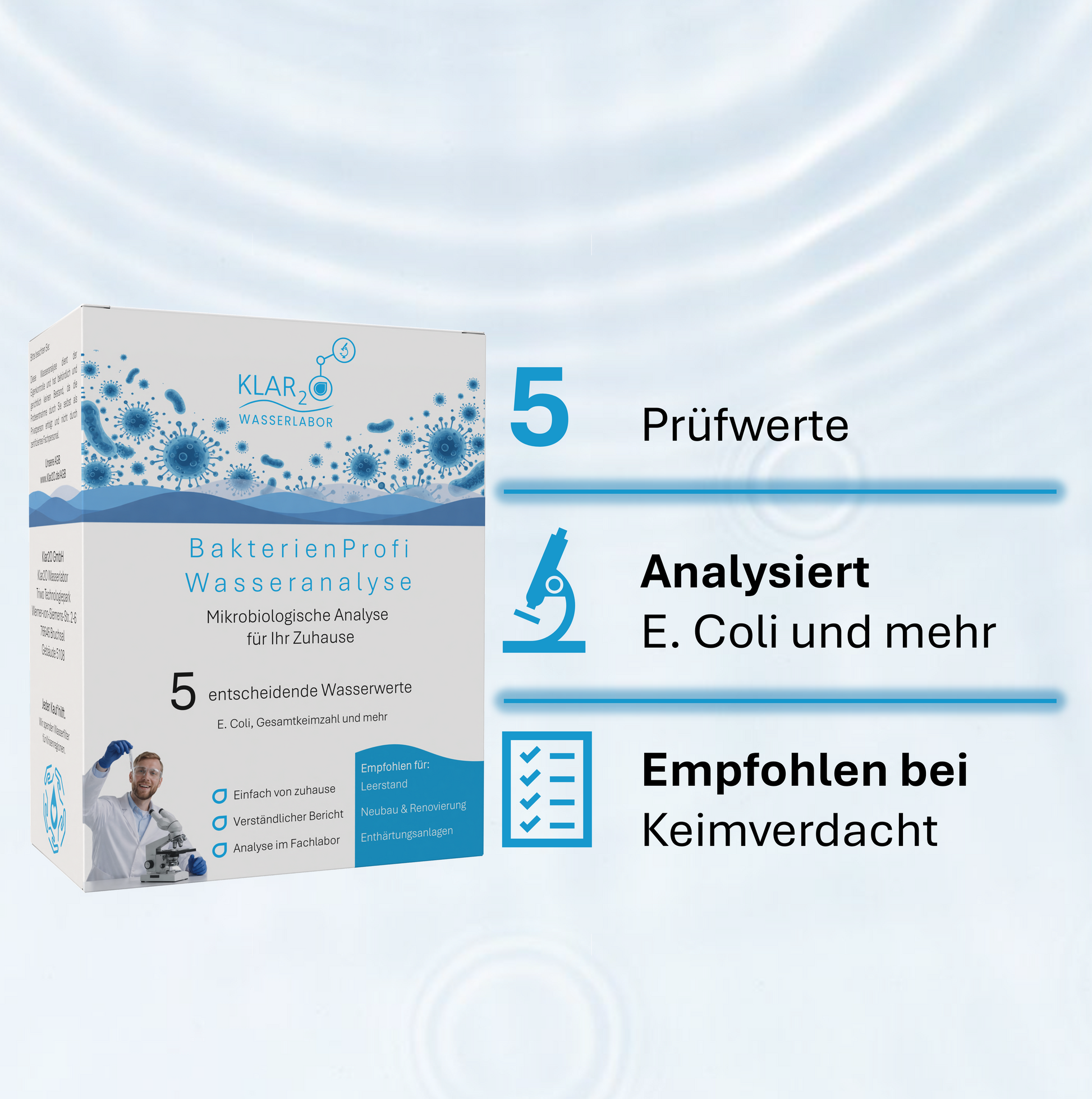 Klar2O Bakterienprofil-Wasseranalyse für Trinkwasser mit 5 Prüfwerten, Laborprüfung auf E. coli und weitere Keime bei Keimverdacht.
