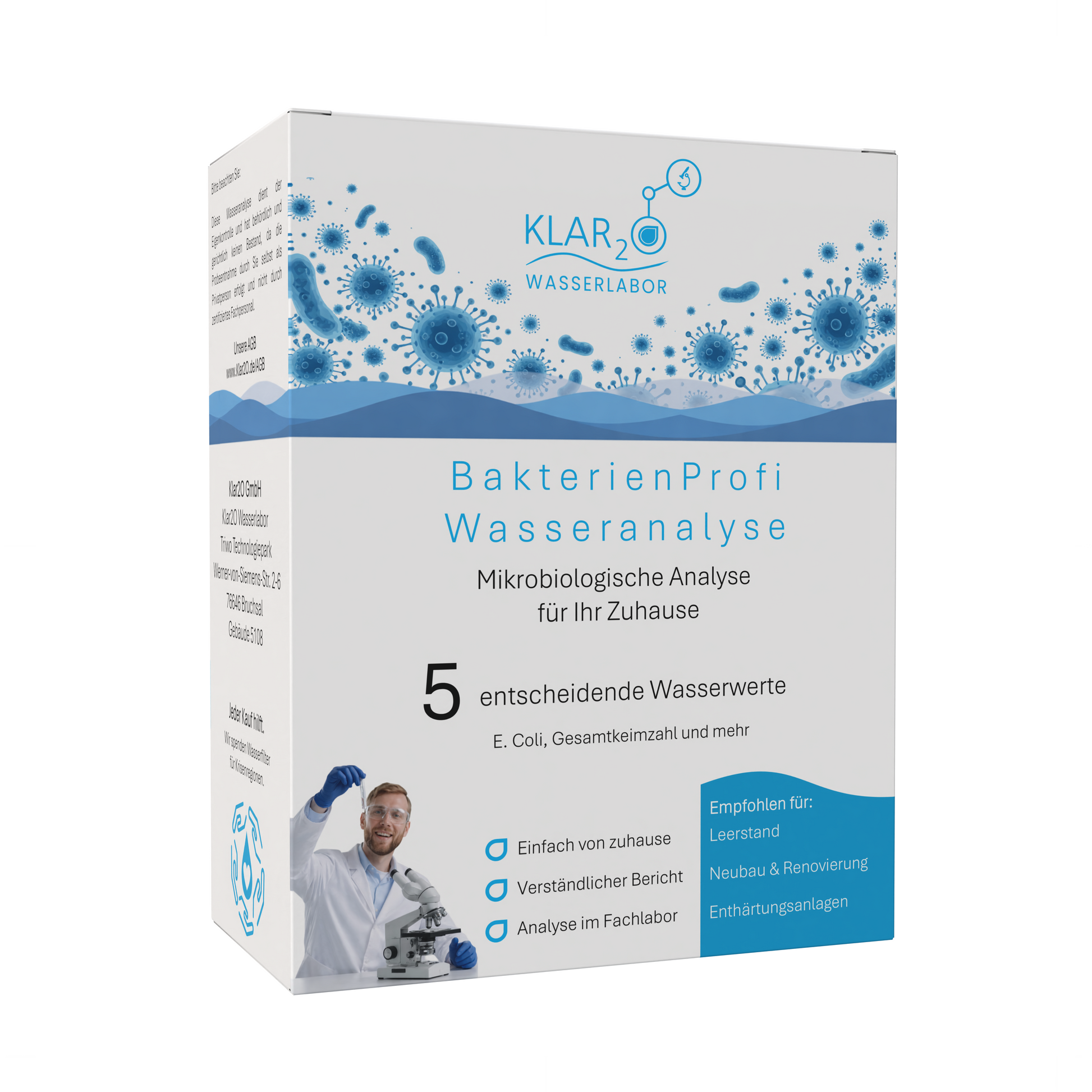 Klar2O Bakterienprofil-Wasseranalyse für Trinkwasser mit 5 Prüfwerten, Laborprüfung auf E. coli und weitere Keime bei Keimverdacht.