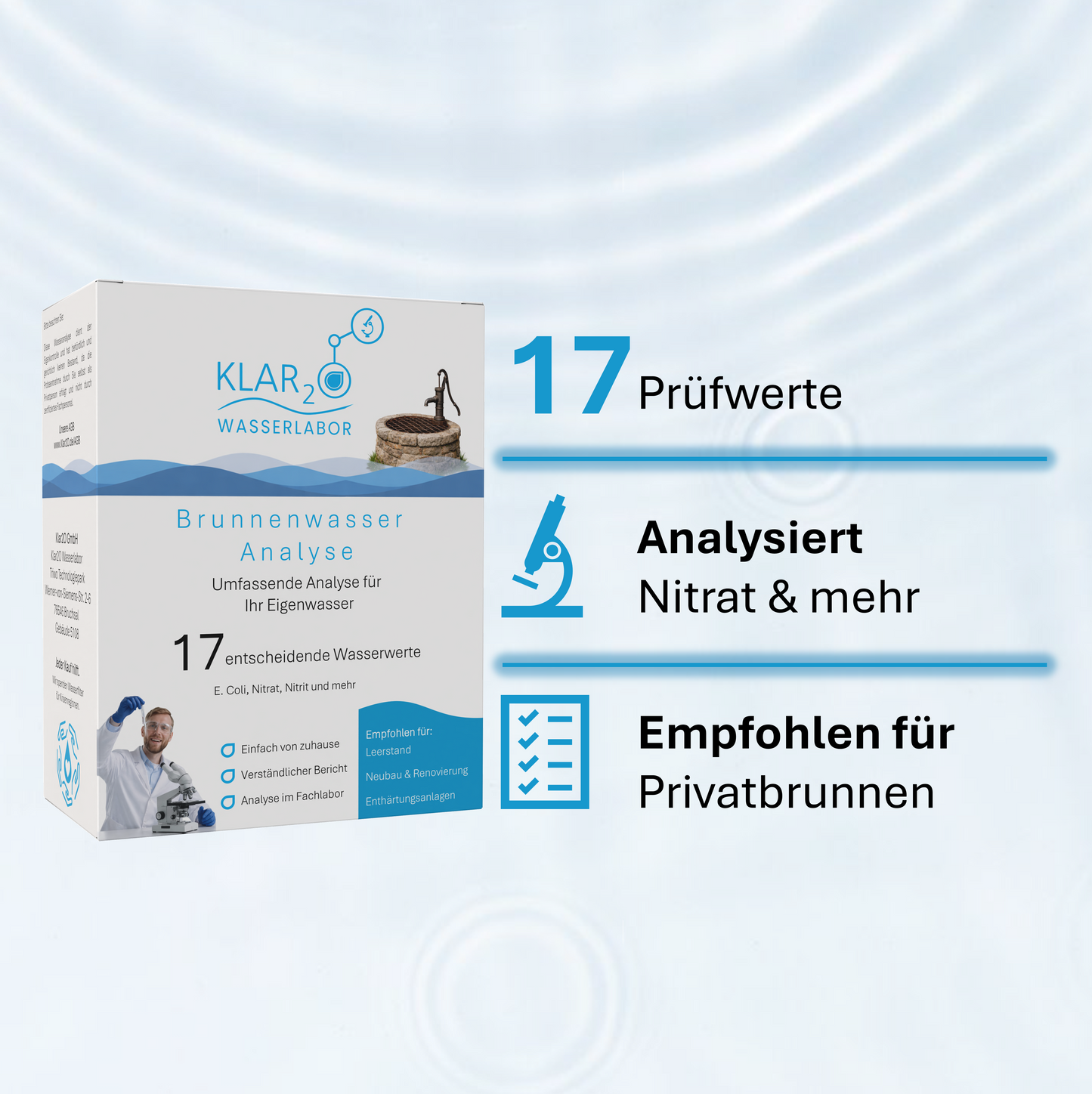 Klar2O Wasseranalyse für Trinkwasser mit 17 Prüfwerten, Laborprüfung auf nitrate undmehr analysiert