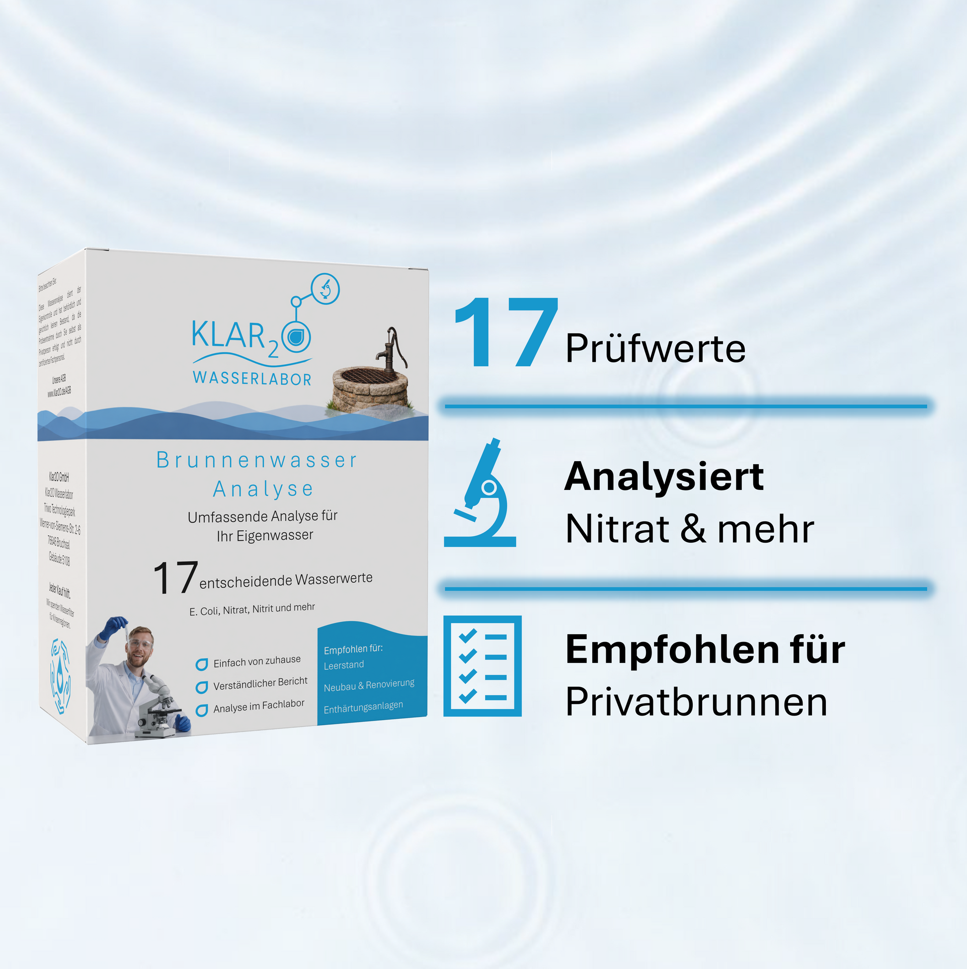 Klar2O Wasseranalyse für Trinkwasser mit 17 Prüfwerten, Laborprüfung auf nitrate undmehr analysiert