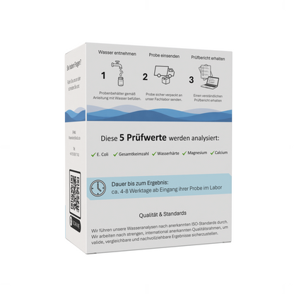 Klar2O Basiswasseranalyse-Testkit für Trinkwasseranalyse mit 5 Prüfwerten, Laborprobe, Prüfbericht und Qualitätsprüfung der Wasserwerte.
