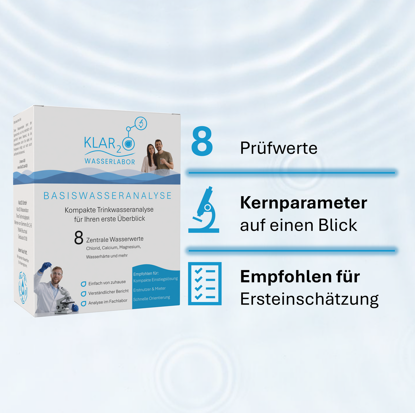 Klar2O Basiswasseranalyse-Testkit mit 8 Prüfwerten zur ersten Einschätzung der Trinkwasserqualität, Laboranalyse zentraler Wasserparameter und Prüfbericht.