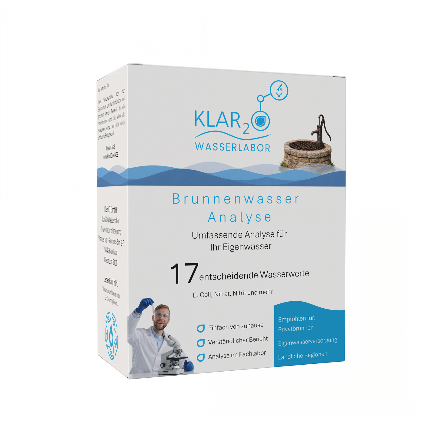 Klar2O Brunnenwasseranalyse-Testkit für Eigenwasser mit 17 Prüfwerten, Laborprüfung auf E. coli, Nitrat und Nitrit sowie Kontrolle der Trinkwasserqualität.
