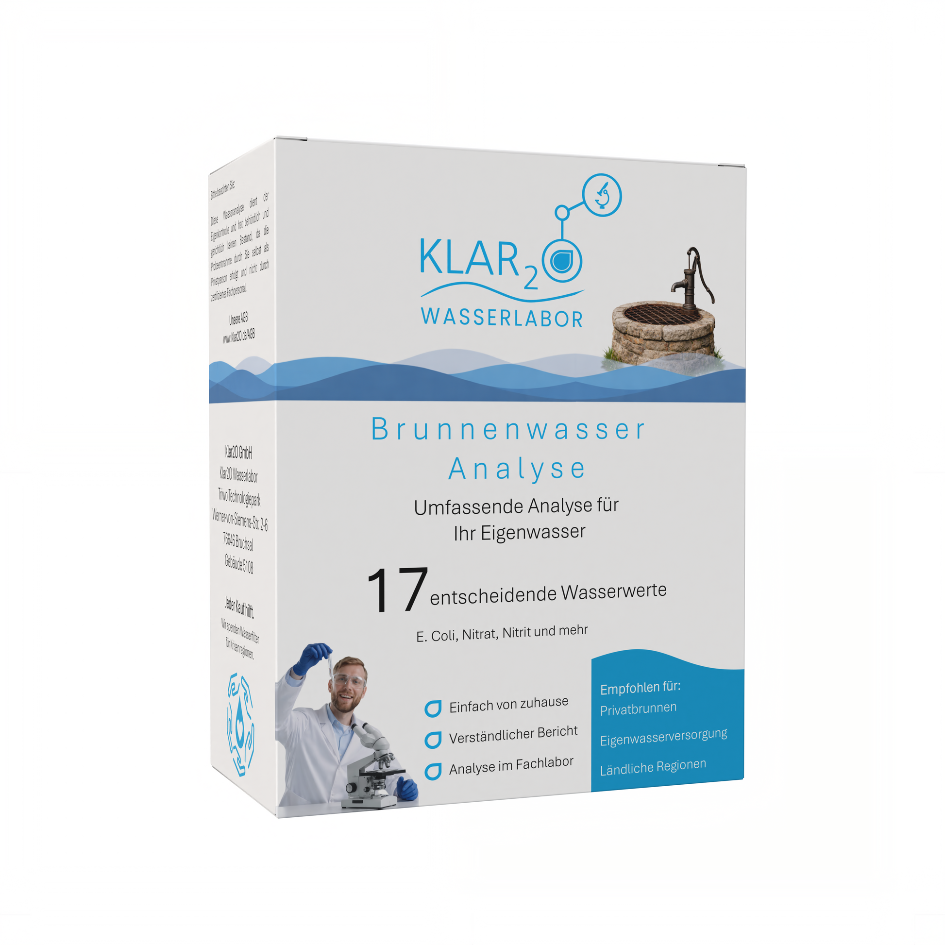 Klar2O Brunnenwasseranalyse-Testkit für Eigenwasser mit 17 Prüfwerten, Laborprüfung auf E. coli, Nitrat und Nitrit sowie Kontrolle der Trinkwasserqualität.