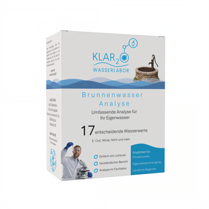 Klar2O Brunnenwasseranalyse-Testkit für Eigenwasser mit 17 Prüfwerten, Laborprüfung auf E. coli, Nitrat und Nitrit sowie Kontrolle der Trinkwasserqualität.