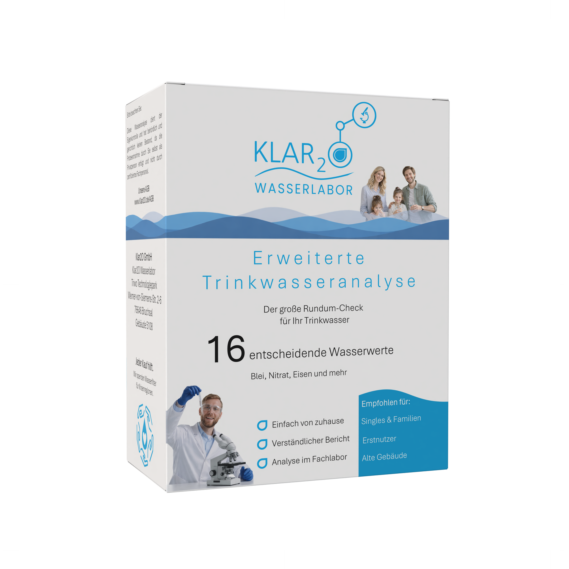 Klar2O Erweiterte Trinkwasseranalyse-Testkit mit 16 Prüfwerten für Laborprüfung von Blei, Nitrat, Eisen und weiteren Wasserwerten zur Kontrolle der Trinkwasserqualität.