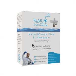 Klar2O MetalCheck Plus Trinkwasser-Testkit für erweiterte Laboranalyse von Metallbelastungen wie Blei, Kupfer, Nickel, Cadmium und Eisen.
