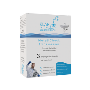 Klar2O MetalCheck Trinkwasser-Testkit zur schnellen Laboranalyse von Metallbelastungen wie Blei, Kupfer und Nickel in der Wasserqualität.