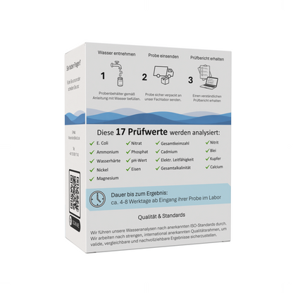Klar2O Mikroplastik-Testkit zur Trinkwasseranalyse mit Anleitung für Wasserprobe, Laboreinsendung und Prüfbericht zur Identifikation relevanter Mikroplastikarten.