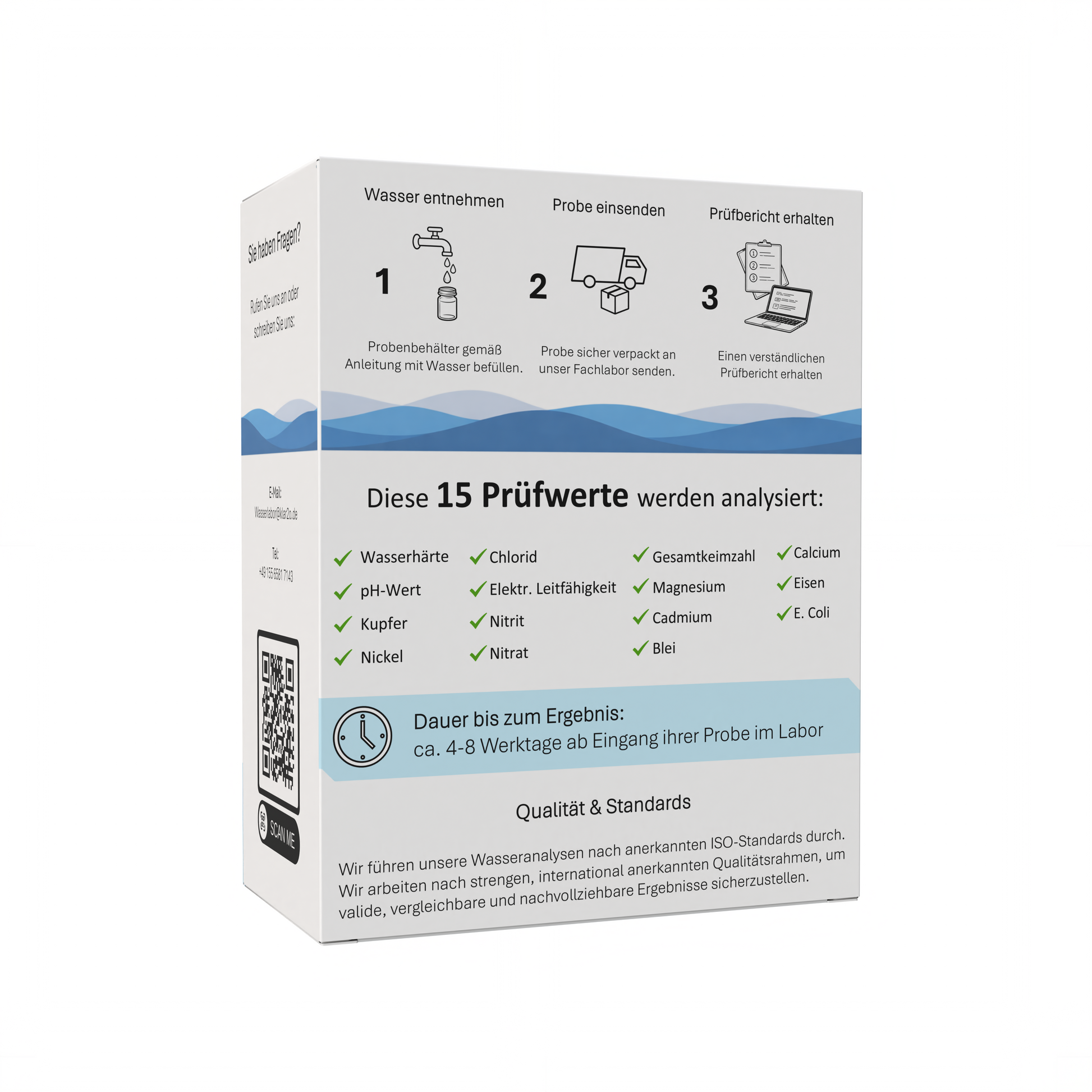 Klar2O Mikroplastik-Testkit zur Trinkwasseranalyse mit Anleitung für Wasserprobe, Laboreinsendung und Prüfbericht zur Identifikation relevanter Mikroplastikarten.