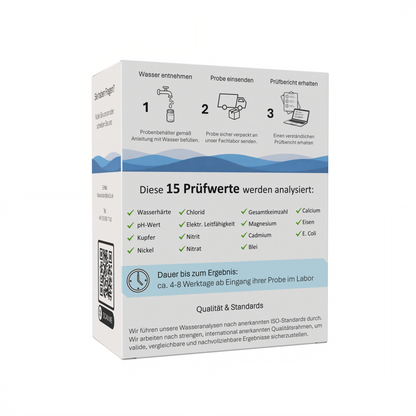 Klar2O Mikroplastik-Testkit zur Trinkwasseranalyse mit Anleitung für Wasserprobe, Laboreinsendung und Prüfbericht zur Identifikation relevanter Mikroplastikarten.