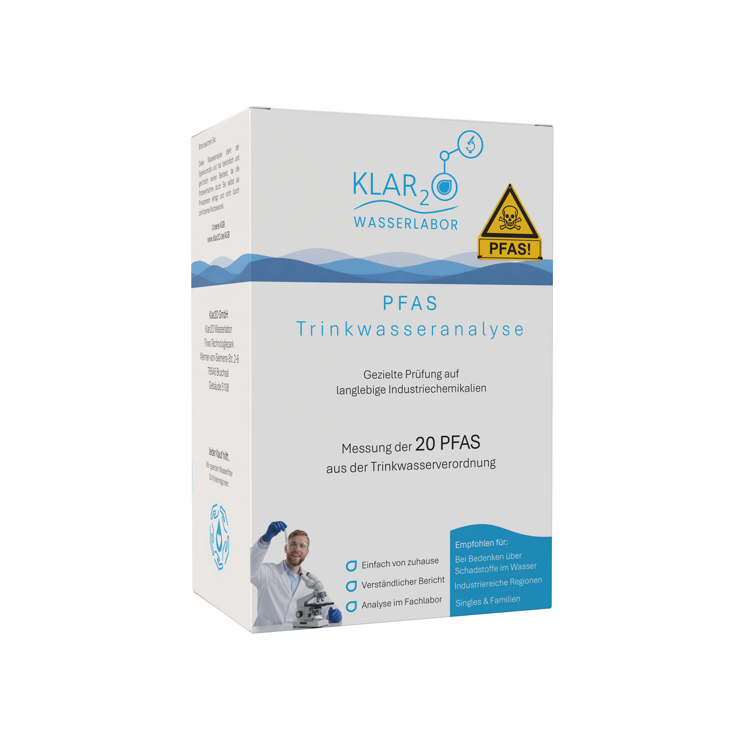Klar2O PFAS-Trinkwasseranalyse-Testkit zur gezielten Laborprüfung auf langlebige Industriechemikalien und Kontrolle der Trinkwasserqualität.