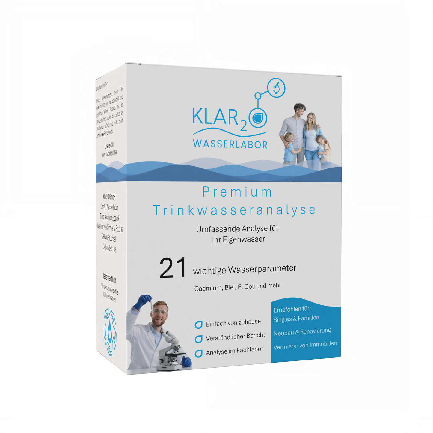 Klar2O Premium-Trinkwasseranalyse-Testkit mit 21 Wasserparametern zur Laborprüfung von Cadmium, Blei, E. coli und weiteren Schadstoffen im Trinkwasser.