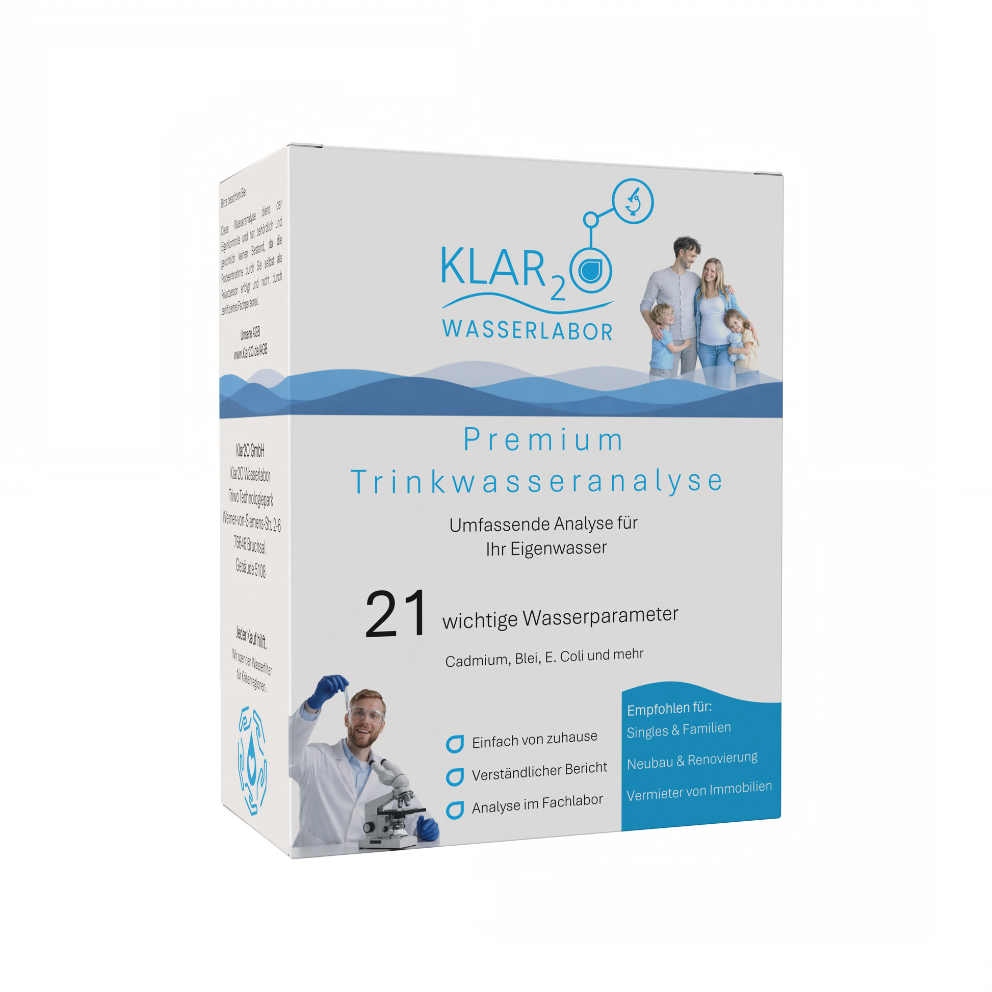 Klar2O Premium-Trinkwasseranalyse-Testkit mit 21 Wasserparametern zur Laborprüfung von Cadmium, Blei, E. coli und weiteren Schadstoffen im Trinkwasser.