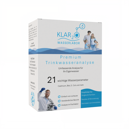 Klar2O Premium-Trinkwasseranalyse-Testkit mit 21 Wasserparametern zur Laborprüfung von Cadmium, Blei, E. coli und weiteren Schadstoffen im Trinkwasser.