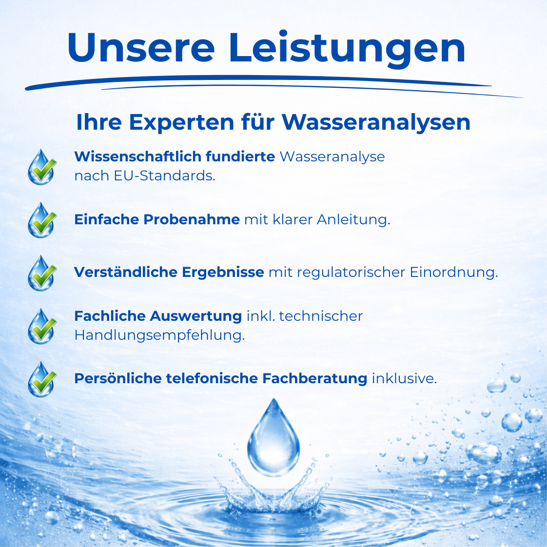 Klar2O Wasserlabor-Leistungen für wissenschaftlich fundierte Wasseranalyse nach EU-Standards mit einfacher Probenahme, verständlichen Ergebnissen und fachlicher Beratung
