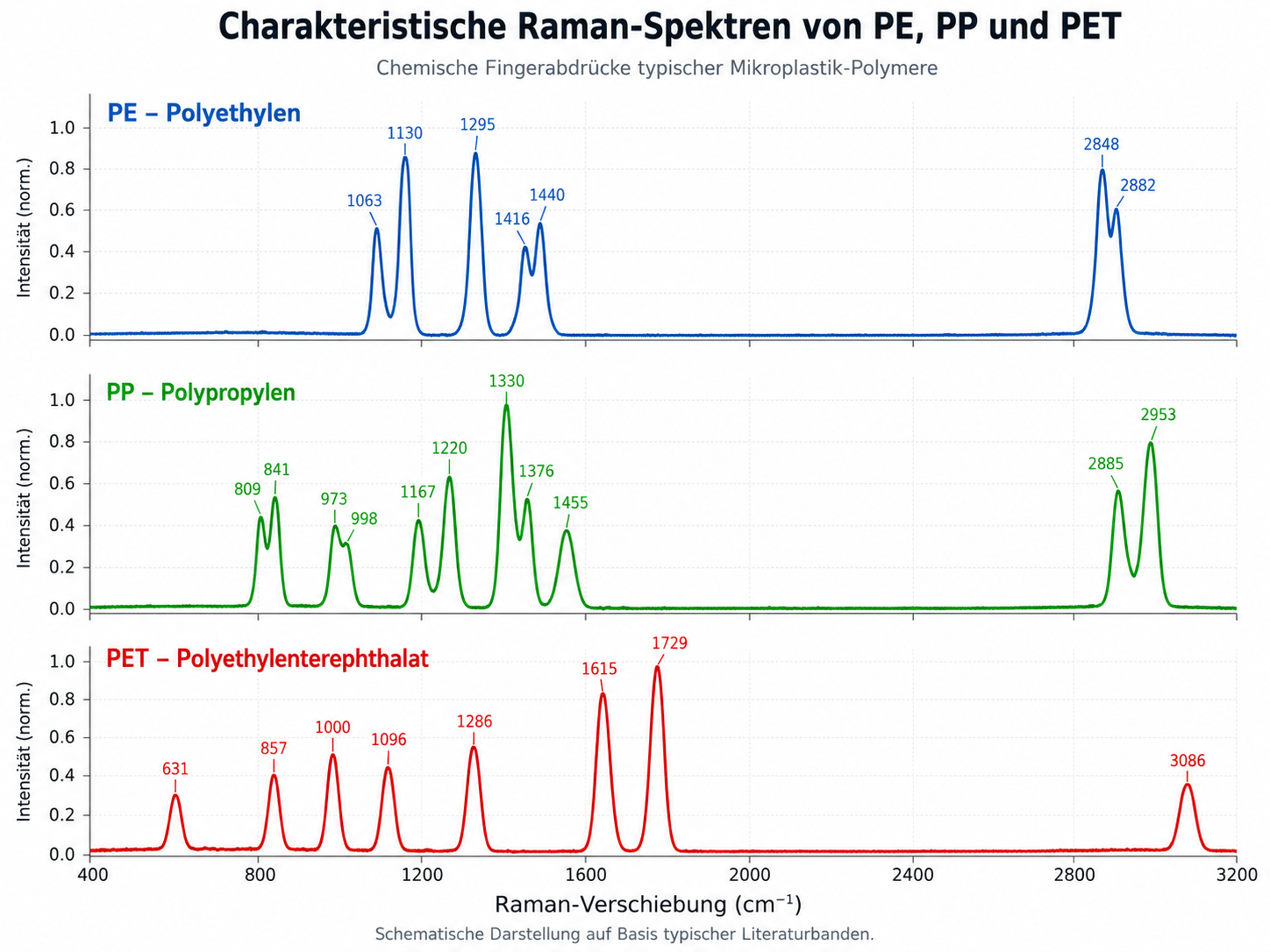 Klar2O Wasserlabor Grafik mit charakteristischen Raman-Spektren von PE, PP und PET zur Identifikation typischer Mikroplastik-Polymere.