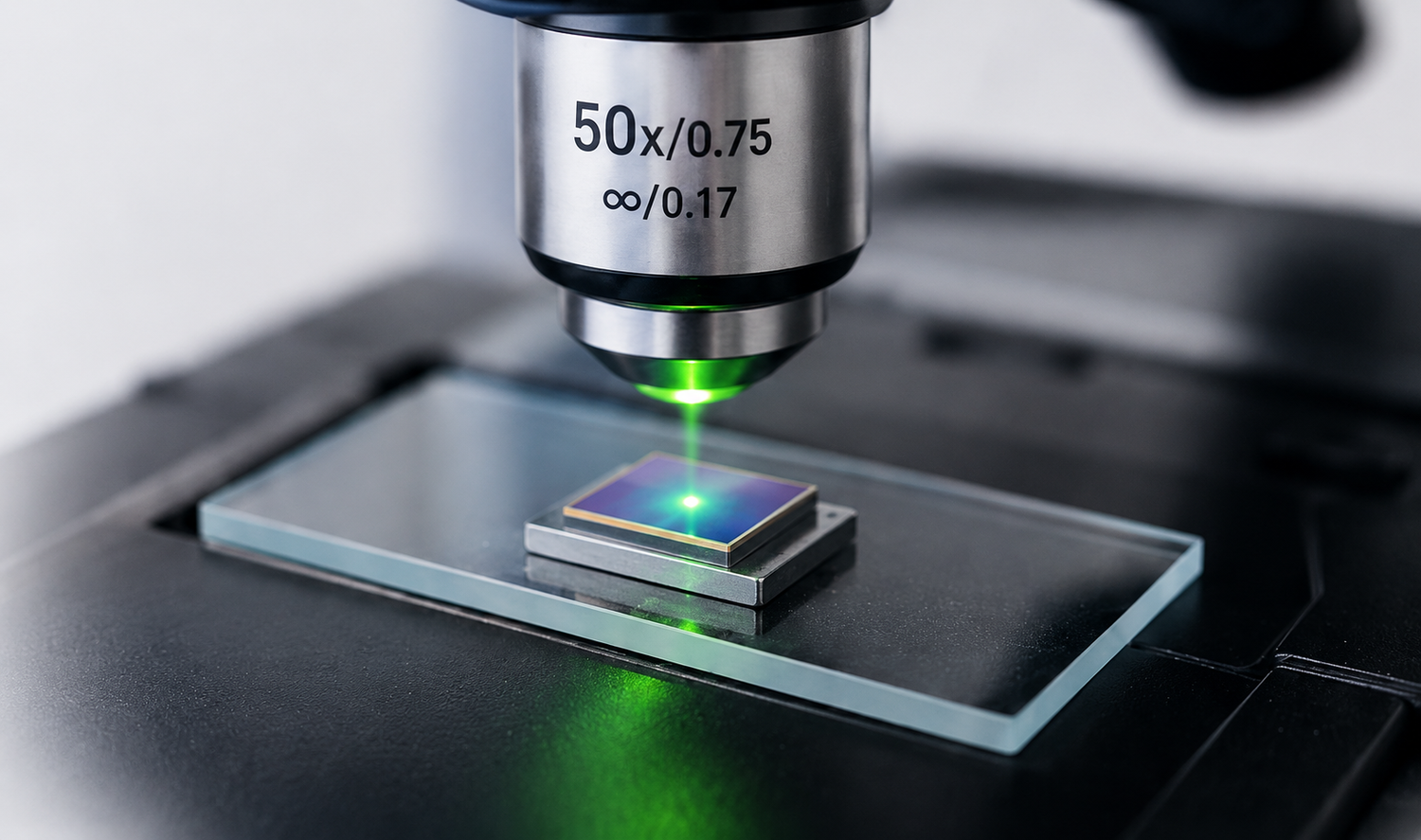 Klar2O Wasserlabor Nahaufnahme einer Raman-Spektroskopie-Messung mit Laser auf einem Probenträger zur Mikroplastik-Analyse.