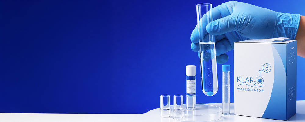 Klar2O Wasserlabor-Testkit mit Reagenzglas, Laborprobe und Analysebox zur professionellen Trinkwasseranalyse und Prüfung der Wasserqualität.