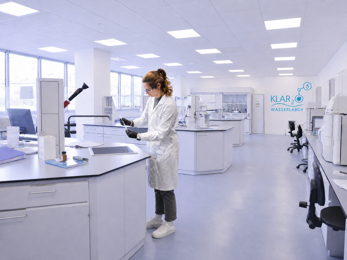 Klar2O Wasserlabor mit Wissenschaftlerin bei der Trinkwasseranalyse, moderner Labortechnik und Qualitätsprüfung von Wasserfilter-Leistung.