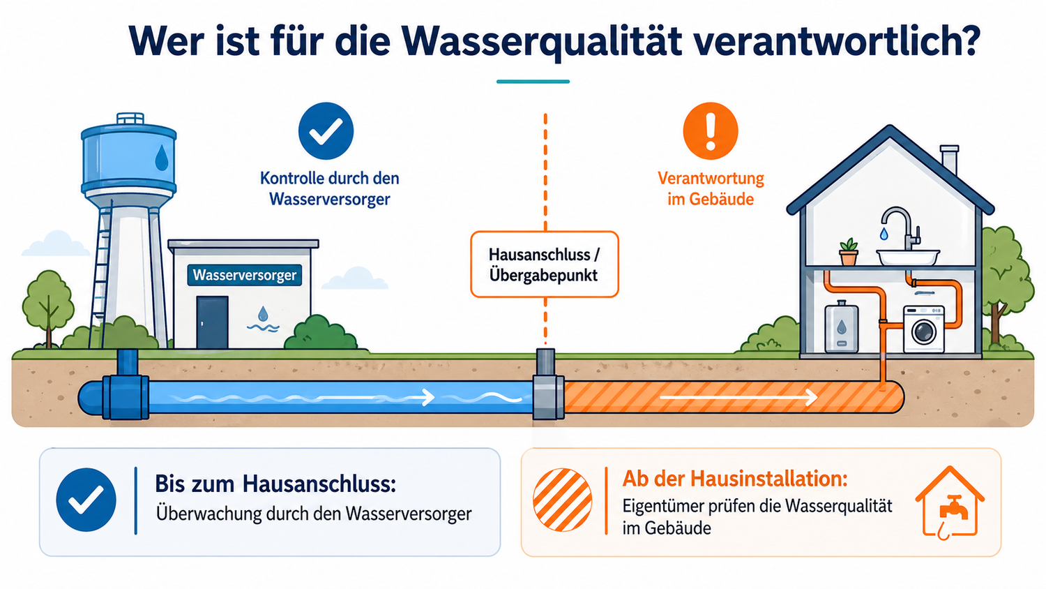 Klar2O Infografik zur Verantwortung für Wasserqualität mit Wasserversorger, Hausanschluss und Hausinstallation zur Prüfung von Trinkwasser im Gebäude.